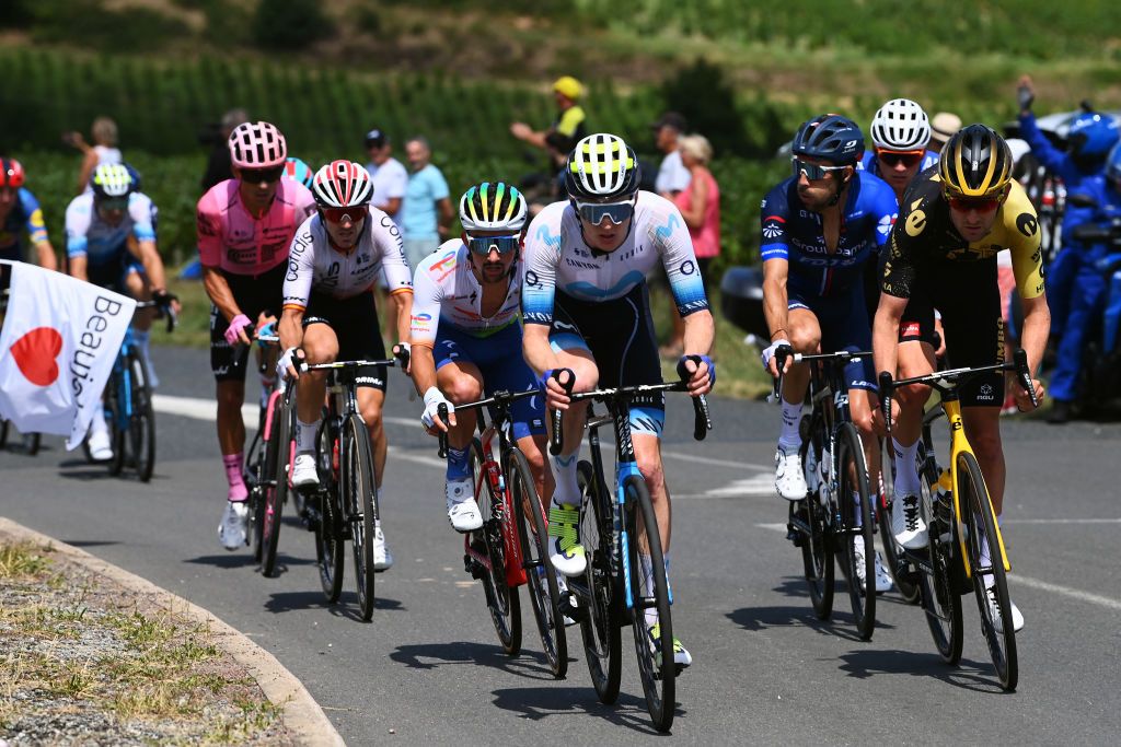 BELLEVILLEENBEAUJOLAIS FRANCE JULY 13 LR Andrey Amador of Costa Rica and Team EF EducationEasyPost Ion Izagirre of Spain and Team Cofidis Mathieu Burgaudeau of France and Team TotalEnergies Matteo Jorgenson of The United States and Movistar Team Thibaut Pinot of France and Team GroupamaFDJ Mathieu Van Der Poel of The Netherlands and Team AlpecinDeceuninck and Tiesj Benoot of Belgium and Team JumboVisma compete in the breakaway during the stage twelve of the 110th Tour de France 2023 a 1688km stage from Roanne to Belleville en Beaujolais UCIWT on July 13 2023 in Belleville en Beaujolais France Photo by Tim de WaeleGetty Images