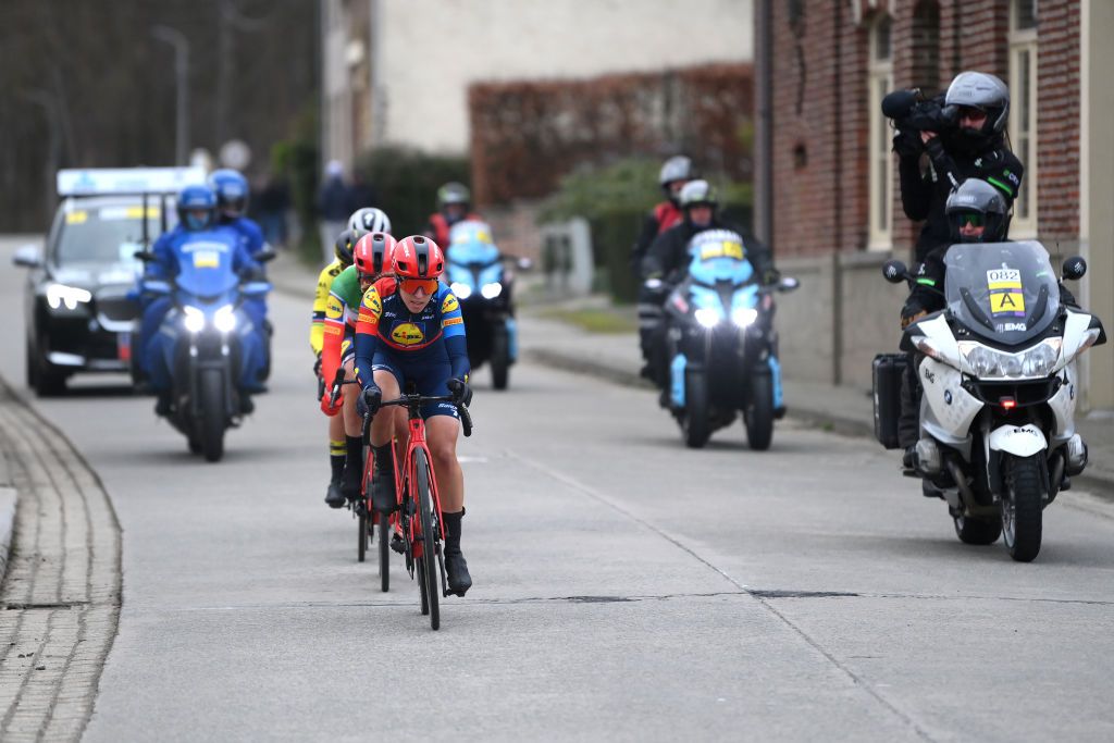 NINOVE BELGIUM FEBRUARY 24 Shirin Van Anrooij of The Netherlands and Team LidlTrek competes in the breakaway during the 16th Omloop Het Nieuwsblad 2024 Womens Elite a 1271km one day race from Ghent to Ninove UCIWWT on February 24 2024 in Ninove Belgium Photo by Alex BroadwayGetty Images