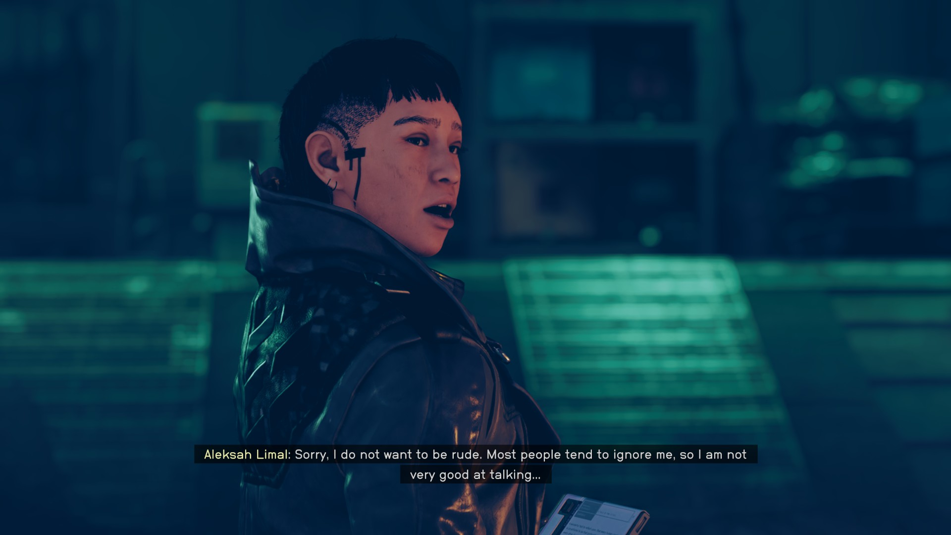 A screenshot showing the player talking to a character in Starfield: Shattered Space.