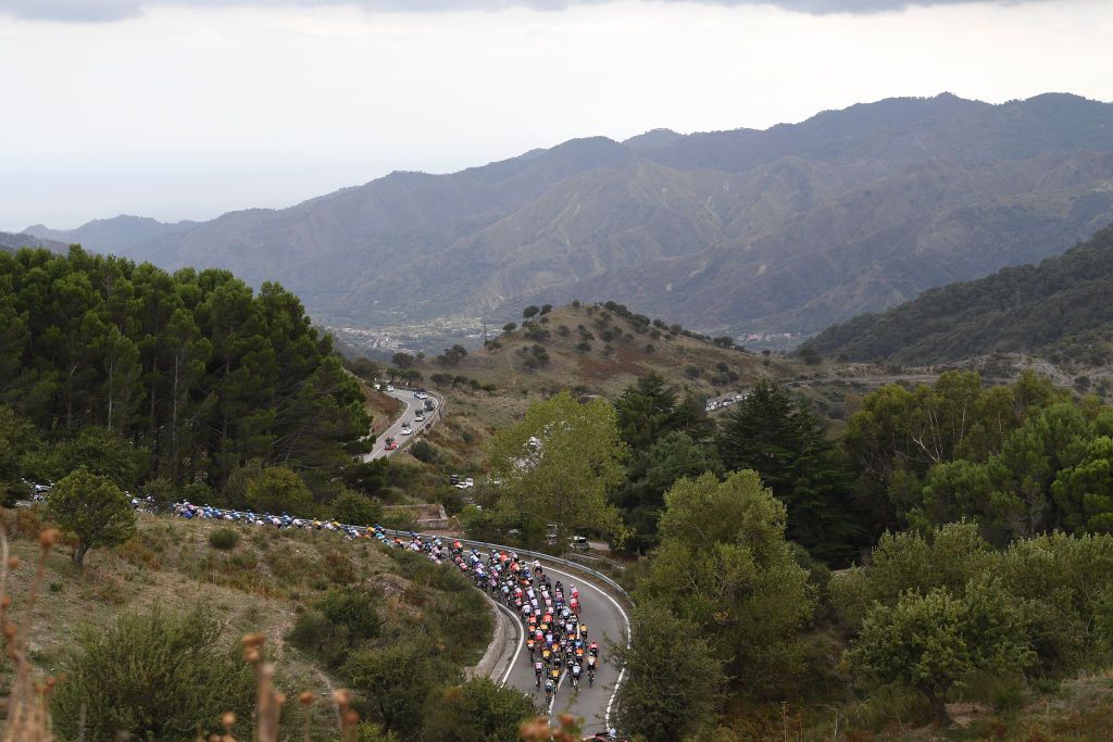 VILLAFRANCA TIRRENA ITALY OCTOBER 06 Portella Mandrazzi 1125m Peloton helicopter Landscape Mountains during the 103rd Giro dItalia 2020 Stage 4 a 140km stage from Catania to Villafranca Tirrena girodiitalia Giro on October 06 2020 in Villafranca Tirrena Italy Photo by Tim de WaeleGetty Images