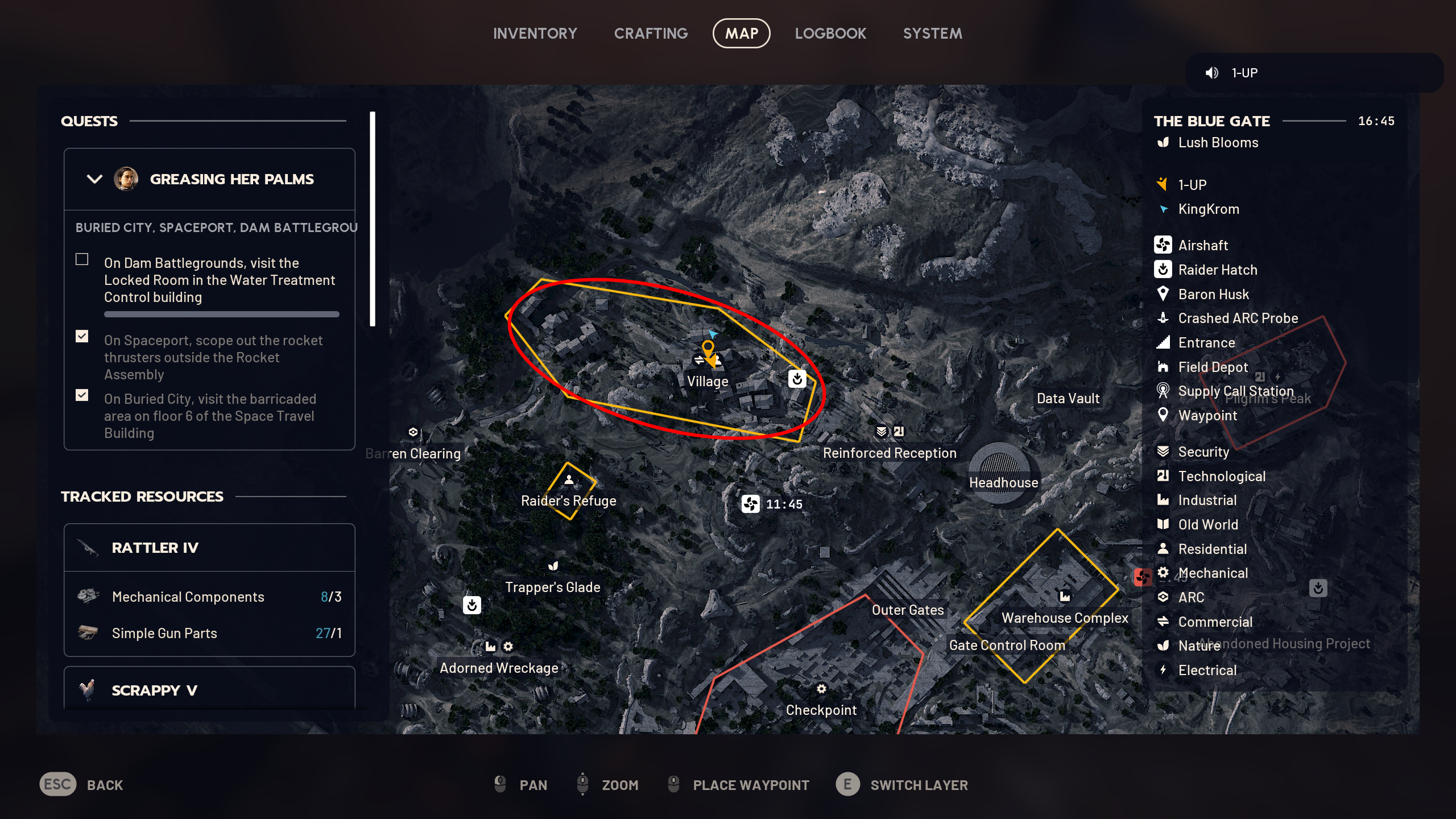 Arc Raiders toaster locations: A map with a red circle highlighting the Village area of the Blue Gate map.