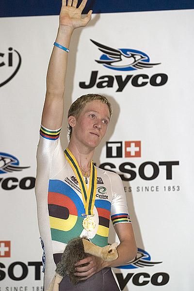 Cameron Meyer (Australia) salutes the crowd in Melbourne after receiving his gold medal for the men