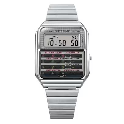 Casio Back to the Future limited edition calculator watch from different angles