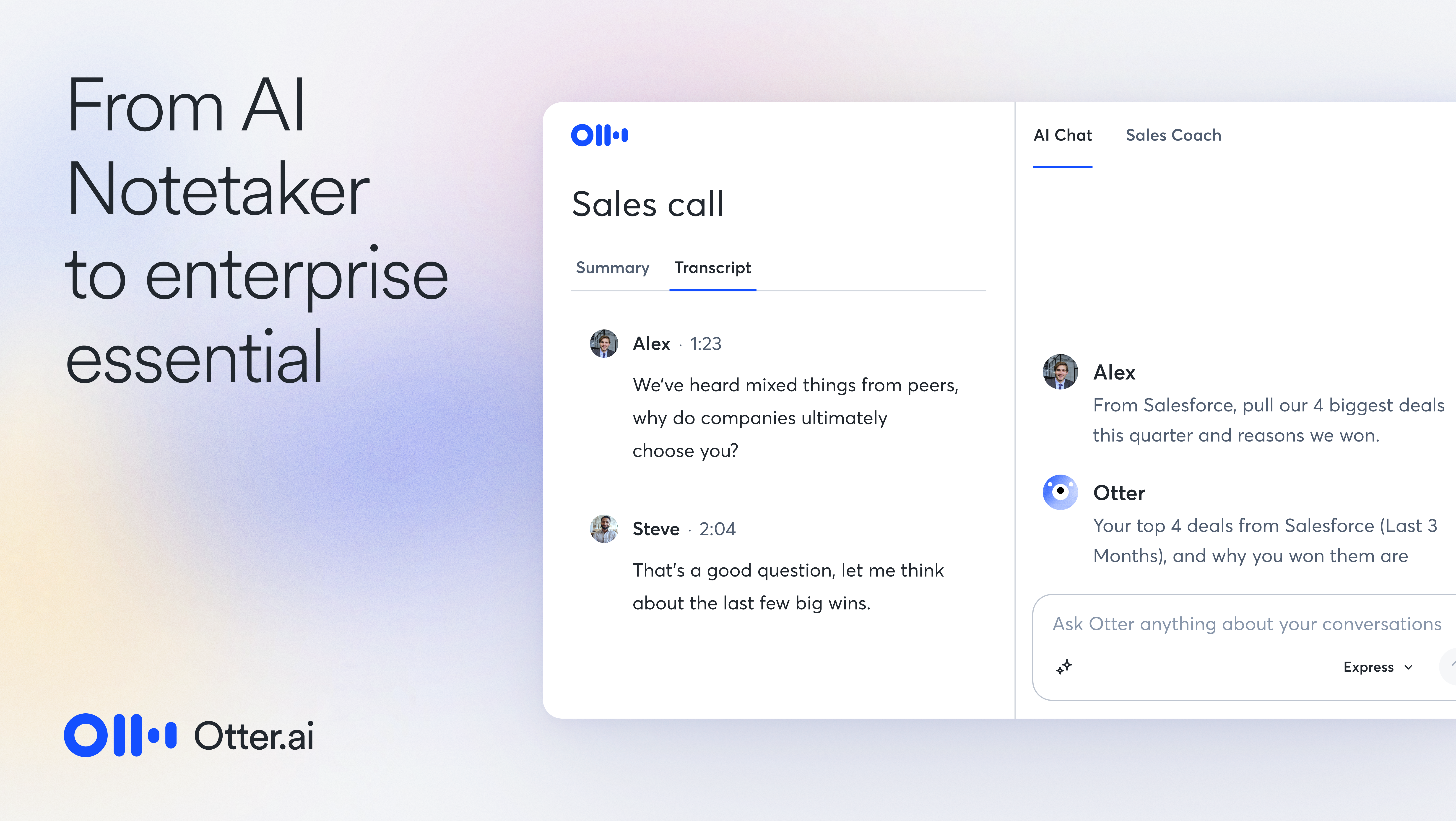 A screenshot of Otter.ai's agentic AI features summarizing information in a sales call.