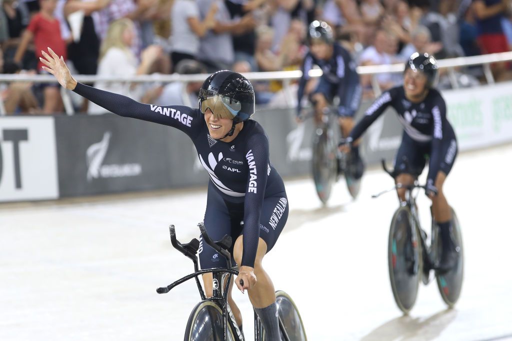 New Zealand celebrate after their gold in the women's team pursuit