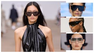 the 2025 shield sunglasses trend at Stella McCartney, Christian Dior, Courreges, Max Mara