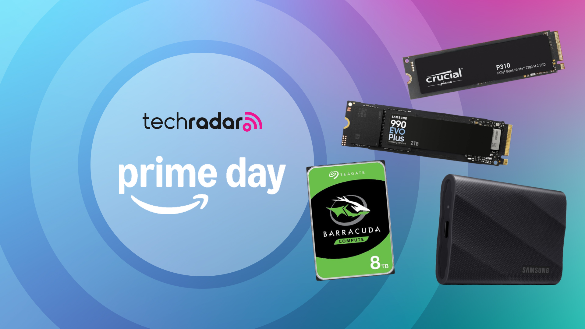 A selection of SSDs and HDDs on a rainbow-colored background next to a TechRadar badge reading &#039;Prime Day&#039;