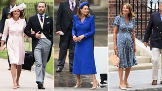 Composite of Carole Middleton wearing pinky-nude shoes at Pippa Middleton’s wedding, at the coronation and to visit Prince George after he was born