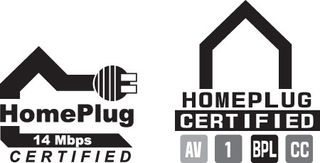 The HomePlug Powerline Alliance certification marks. The original mark (left) for HomePlug 14 Mb/s network devices only is being replaced by the new multipurpose mark (right).