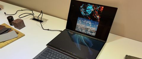 Asus Zenbook Duo dual-screen laptop on a table at CES 2025