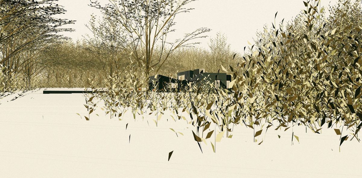 The plans for the house show the home in a field with wheat surrounding it