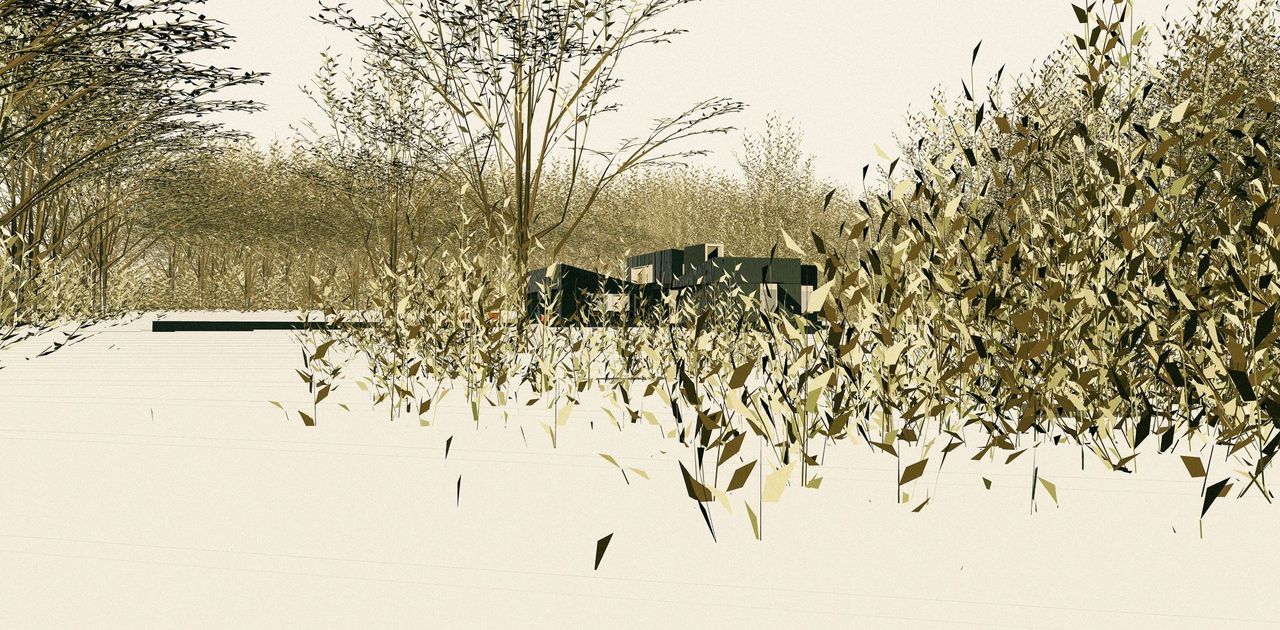 The plans for the house show the home in a field with wheat surrounding it