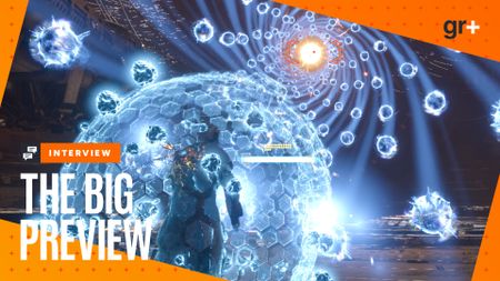 Arjun runs towards Bastion in Saros, using his blue shield to absorb a spiral of blue orb bullets, with the orange GamesRadar+ Big Preview frame