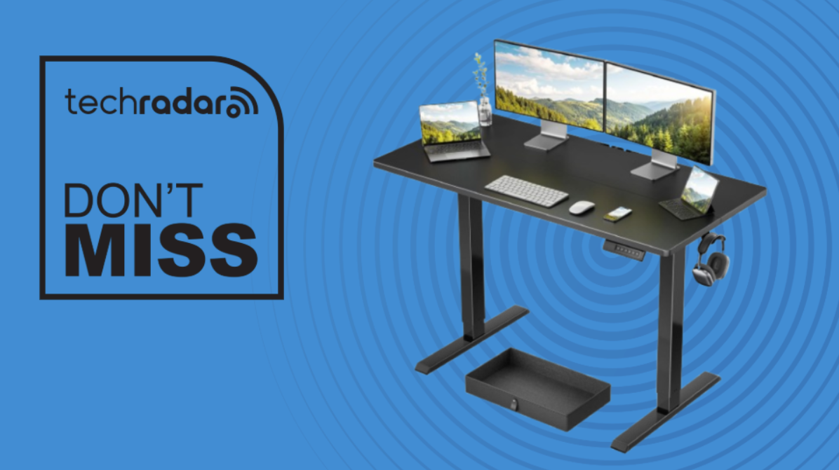 Marsail 48in electric standing desk with drawers on a blue background with a TechRadar badge reading 'Don't Miss'