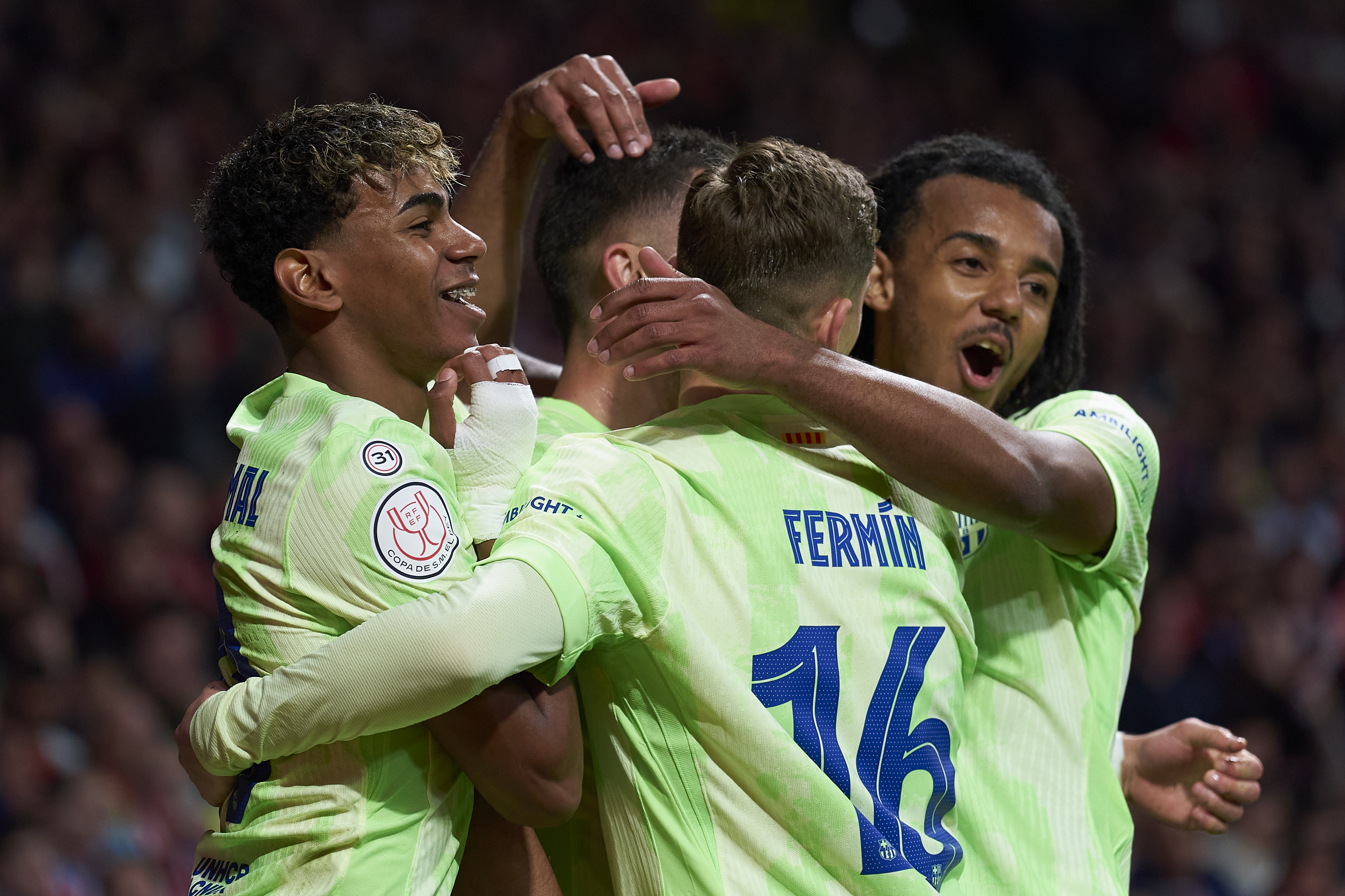 Ferran Torres celebrates with his Barcelona team-mates after scoring against Atletico Madrid in the Copa del Rey in April 2025.