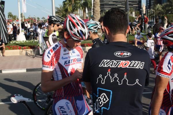 Filippo Pozzato (Katusha) at the launch of Doha's free bikes scheme.