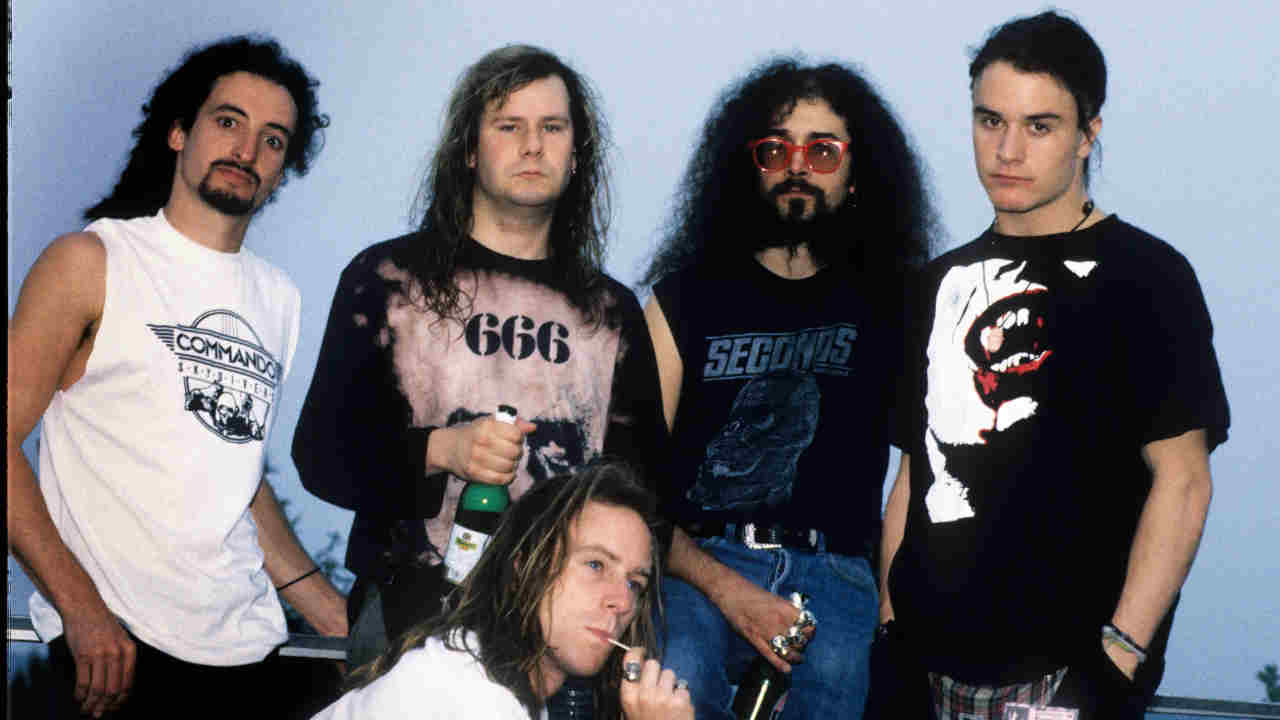Faith No More posing for a photograph in the early 1990s