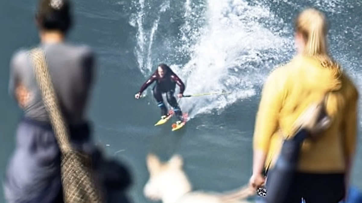 Chuck Patterson surfing on water skis in Nazaré, Portugal 