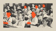 Photo illustration of children in a school classroom, with several children blanked out