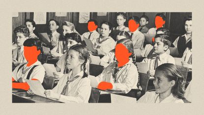 Photo illustration of children in a school classroom, with several children blanked out