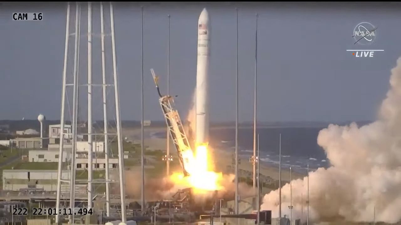 A Northrop Grumman Antares rocket launches the Cygnus NG-16 cargo resupply spacecraft to the International Space Station from NASA's Wallops Flight Facility, on Aug. 10, 2021.