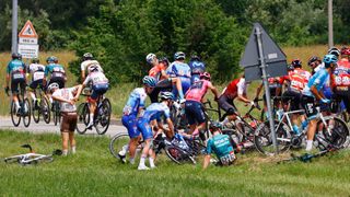 Overall leader Team Ineos Ecuadorian rider Richard Carapaz crashes at the Giro d'Italia