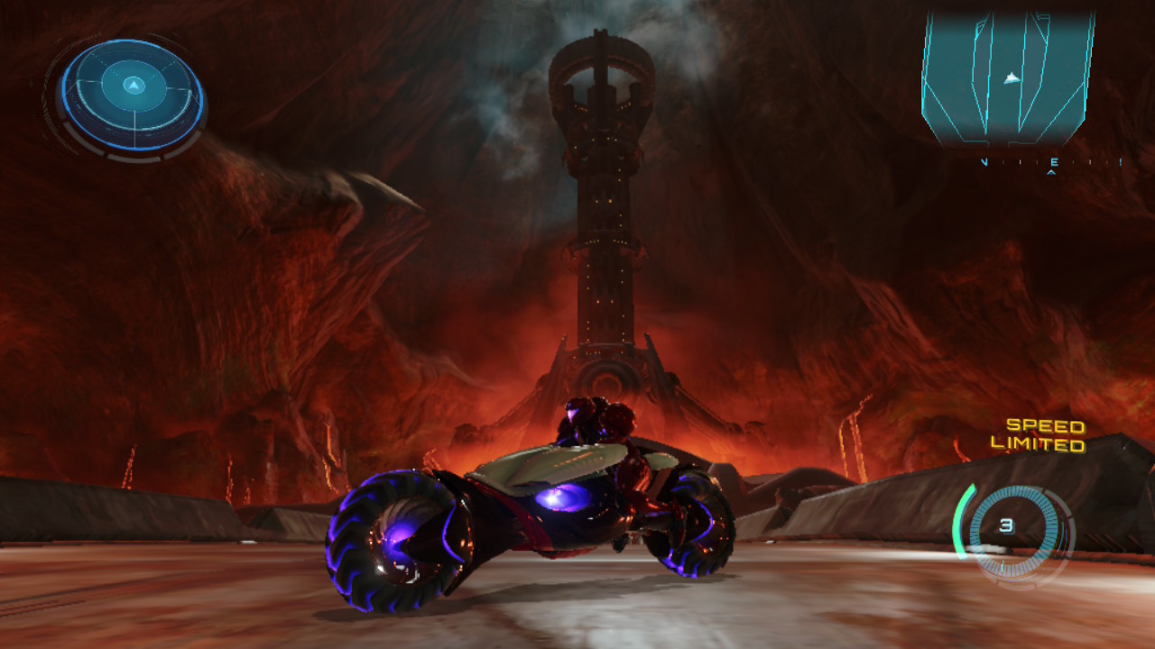 A screenshot showing Samsus riding Voi-O-La inside of a volcano in Metroid Prime 4: Beyond