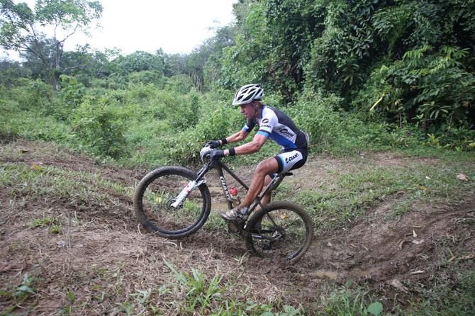 Winner of Stage 1 of LIMBC 2013, Emil Lindgren, leading the pack in a 65 km race around the lush jungle of Langkawi.