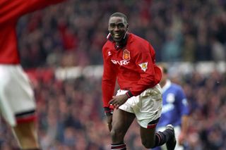 Andy Cole celebrates after scoring for Manchester United against Ipswich, 1995