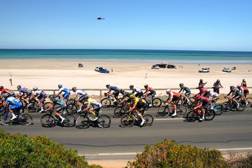 WILLUNGA, AUSTRALIA - JANUARY 21: (L-R) Luis-Joe Luhrs of Germany and Team Bora - Hansgrohe, Hugo Page of France and Team Intermarche - Circus - Wanty, Timo Van Dijke of The Netherlands and Team Jumbo-Visma and a general view of the peloton competing at Aldinga Beach during the 23rd Santos Tour Down Under 2023, Stage 4 a 133,2km stage from Port Willunga to Willunga Township 138m / #TourDownUnder / #WorldTour / on January 21, 2023 in Willunga, Australia. (Photo by Daniel Kalisz/Getty Images)