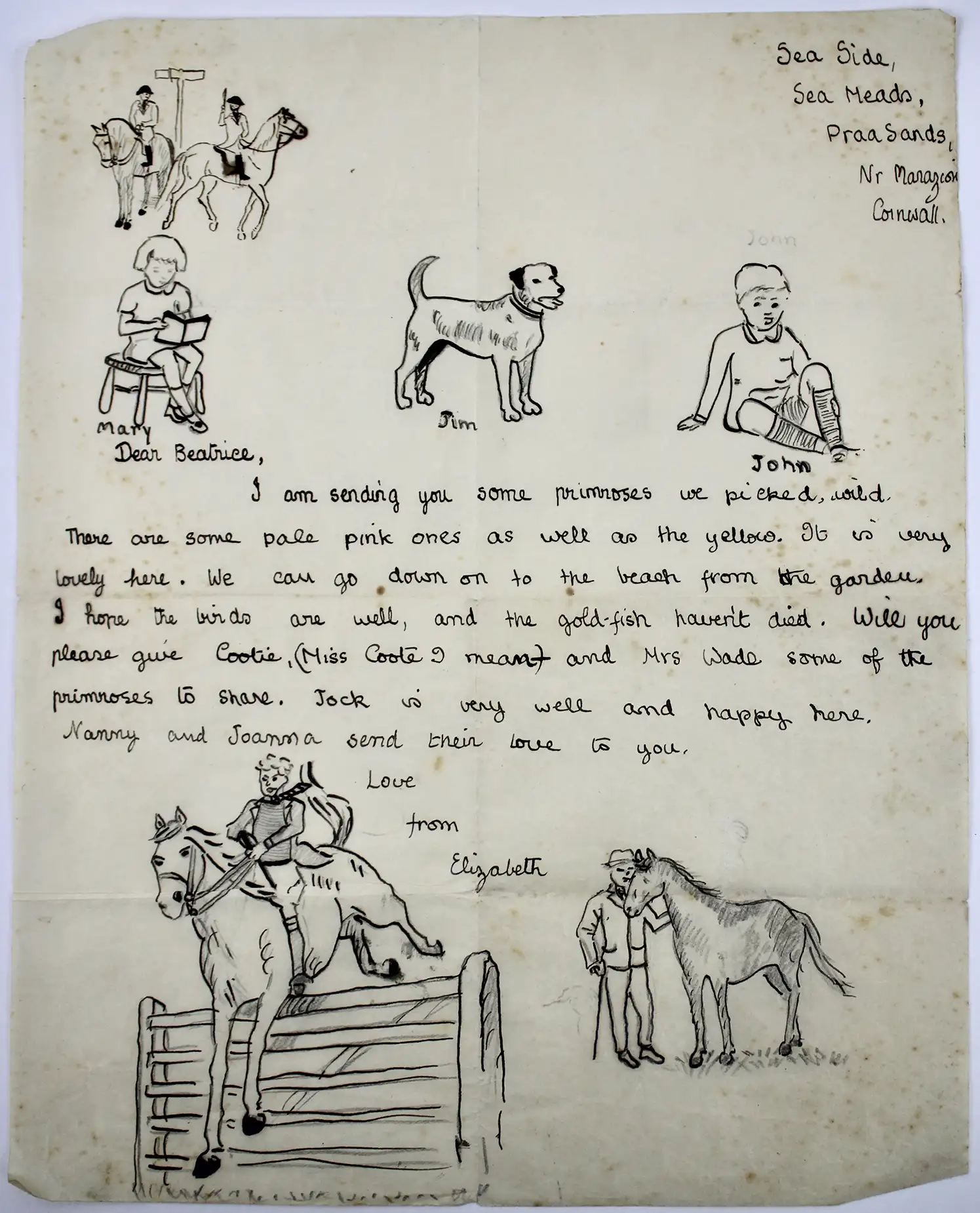 A letter with drawings of kids, dogs and horses written by Queen Elizabeth when she was a child