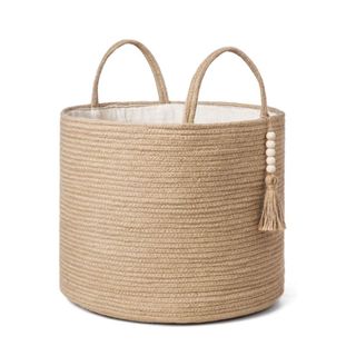 A brown jute storage basket