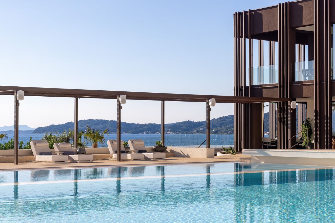 Corfu hotel Domes Miramare, view from The Panoramic Wing swimming pool out to sea