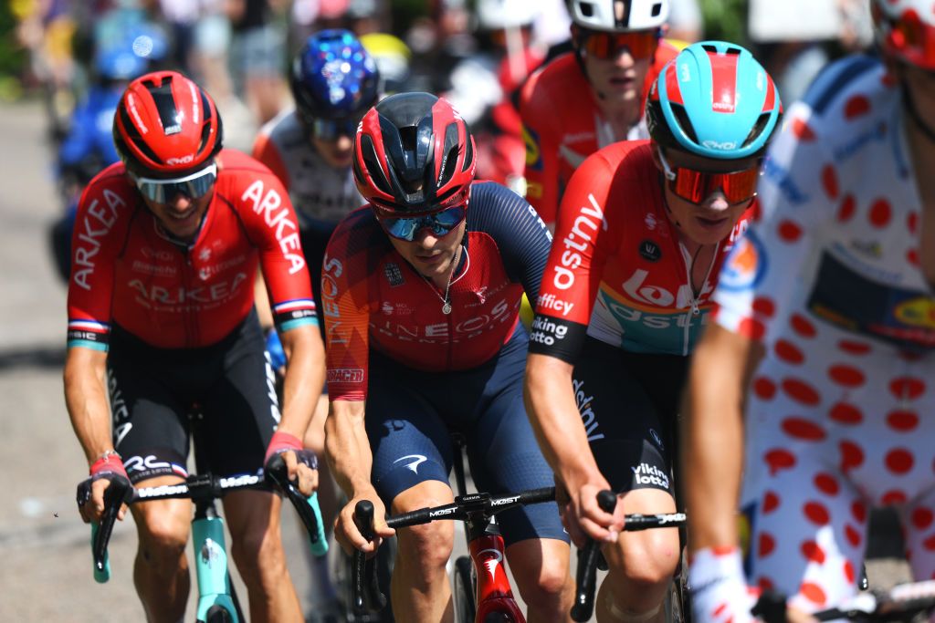 Warren Barguil (Arkea Samsic), Tom Pidcock (Ineos Grenadiers) and Maxim Van Gils (Lotto Dstny) in the breakaway
