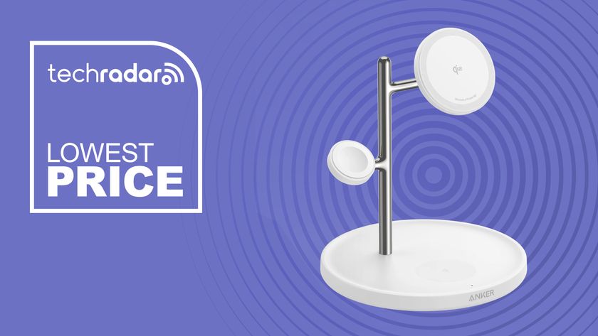 A white Anker MagGo Wireless Charging Station 3-in-1 Stand is pictured against a purple background. To its left, white text reads: Lowest Price.