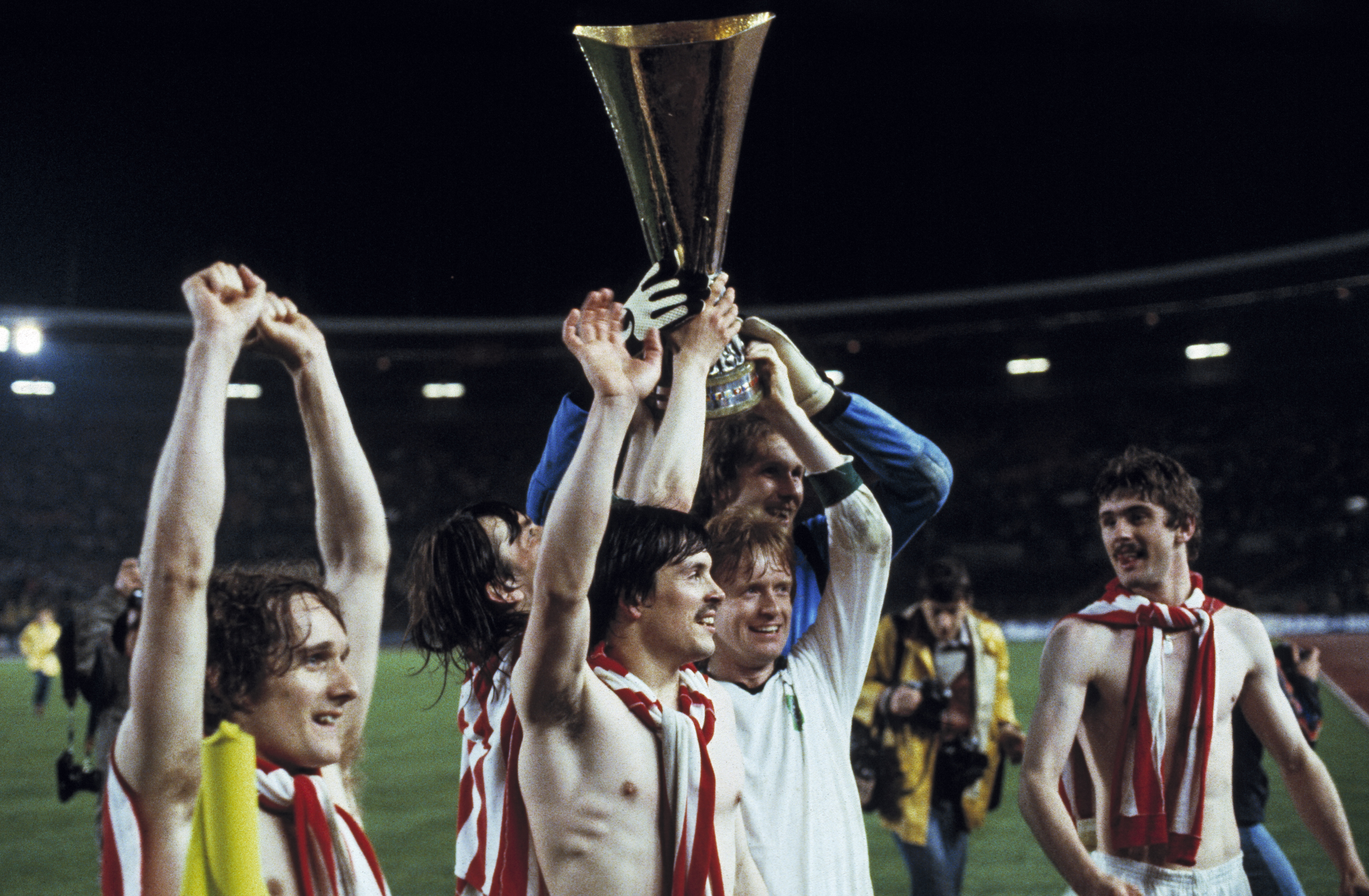 Borussia Monchengladbach players celebrate with the trophy after winning the UEFA Cup final against Red Star Belgrade in May 1979.