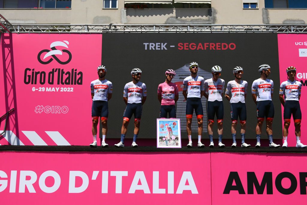 JESI ITALY MAY 17 Giulio Ciccone of Italy Dario Cataldo of Italy Mattias Skjelmose Jensen of Denmark Juan Pedro Lpez of Spain Pink Leader Jersey Bauke Mollema of Netherlands Jacopo Mosca of Italy Edward Theuns of Belgium Otto Vergaerde of Belgium and Team Trek Segafredo during the team presentation prior to the 105th Giro dItalia 2022 Stage 10 a 196km stage from Pescara to Jesi 95m Giro WorldTour on May 17 2022 in Jesi Italy Photo by Tim de WaeleGetty Images