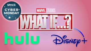 Disney plus hulu and marvel what if logos with cyber monday badge