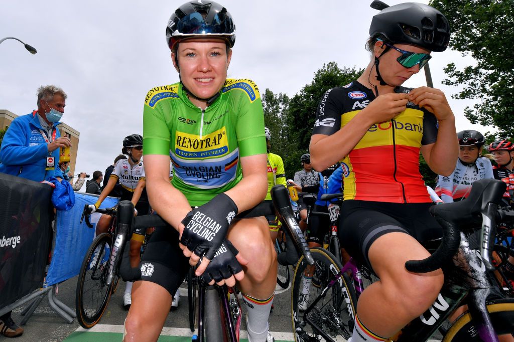 BRUGGE BELGIUM JUNE 23 Jolien Dhoore of Belgium and Belgium National Team Green Points Jersey Lotte Kopecky of Belgium and Belgium National Team at start during the 9th Lotto Belgium Tour 2021 Stage 1 a 1126km stage from Blankenberge to Bruges LottoBelgTour LottoBelgiumTour on June 23 2021 in Brugge Belgium Photo by Luc ClaessenGetty Images