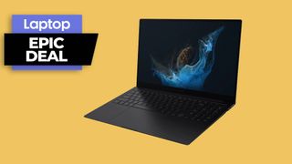 Galaxy Book 2 Pro with epic deals badge, against orange background