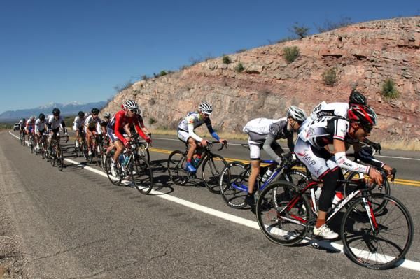 Snow was the backdrop for the desert road race.