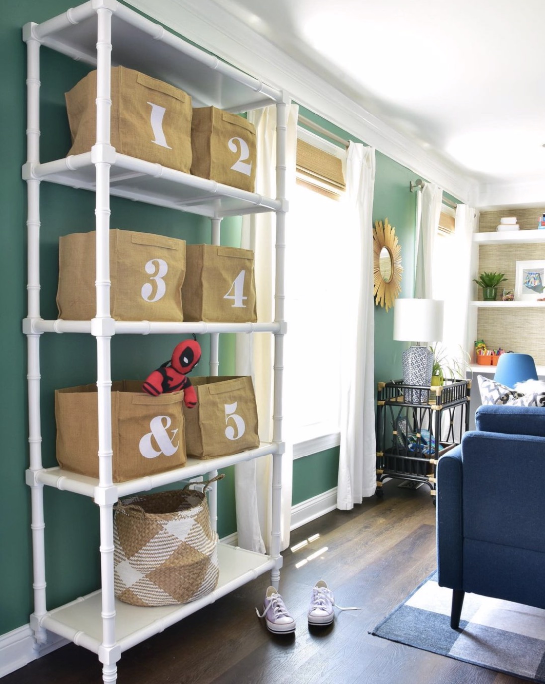 numbered baskets on open shelving