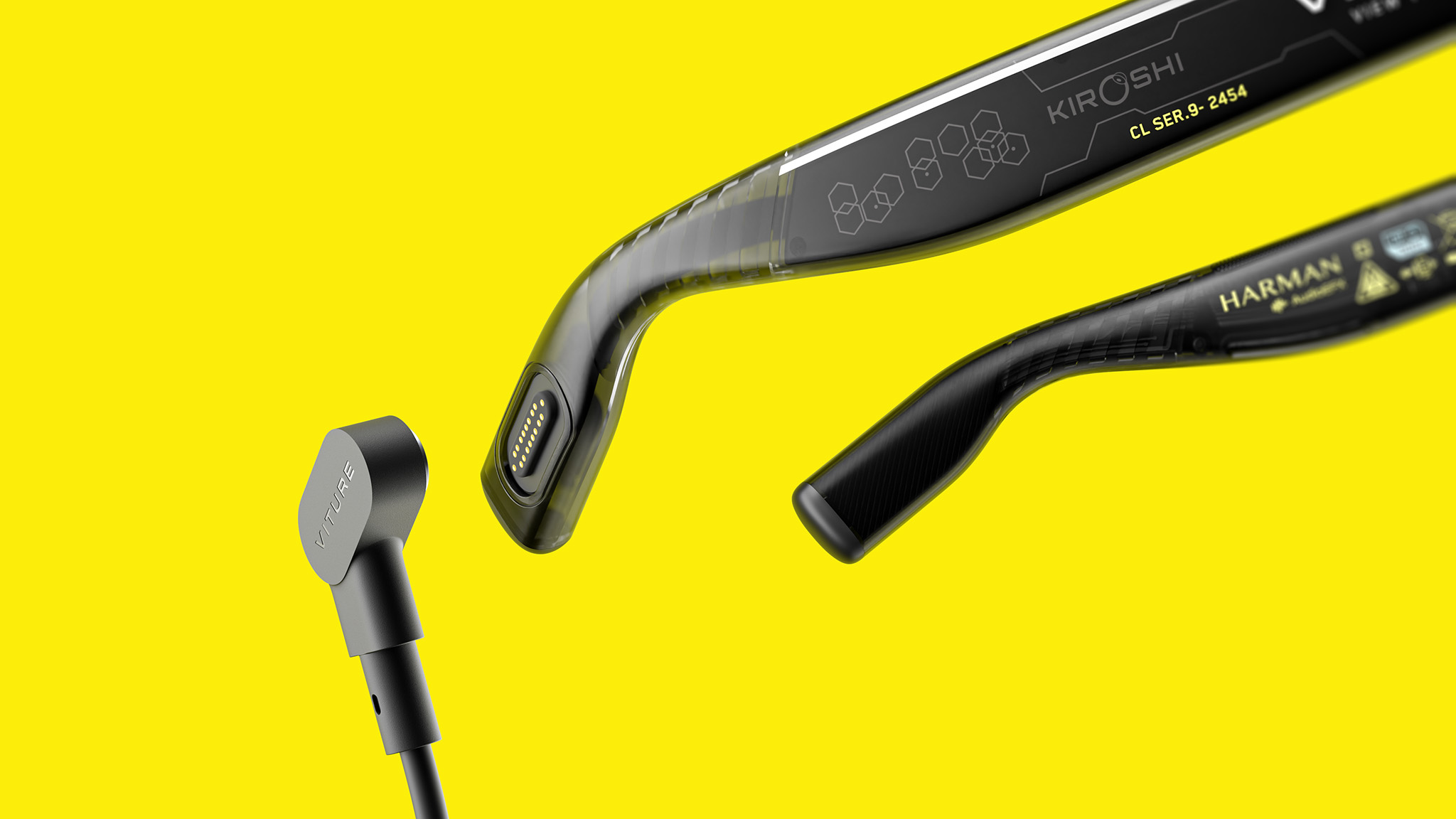 A close-up at the hardware of Viture x Cyberpunk 2077 smart glasses