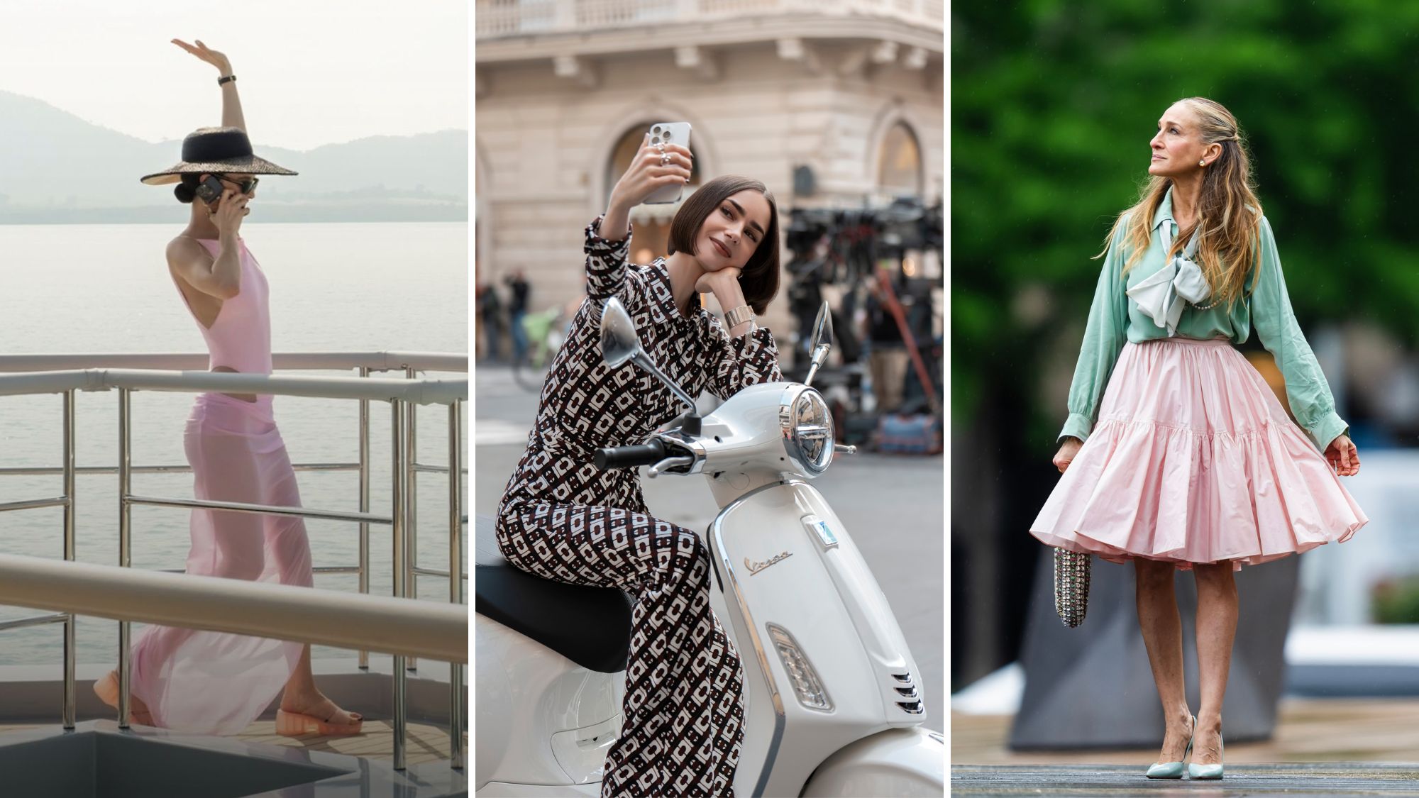 characters from the white lotus, emily in paris, and just like that