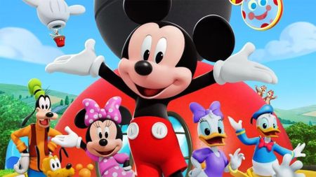 Mickey Mouse along with Goofy, Pluto, Minnie Mouse, Daisy Duck, and Donald Duck in a promo image for Mickey Mouse's Clubhouse