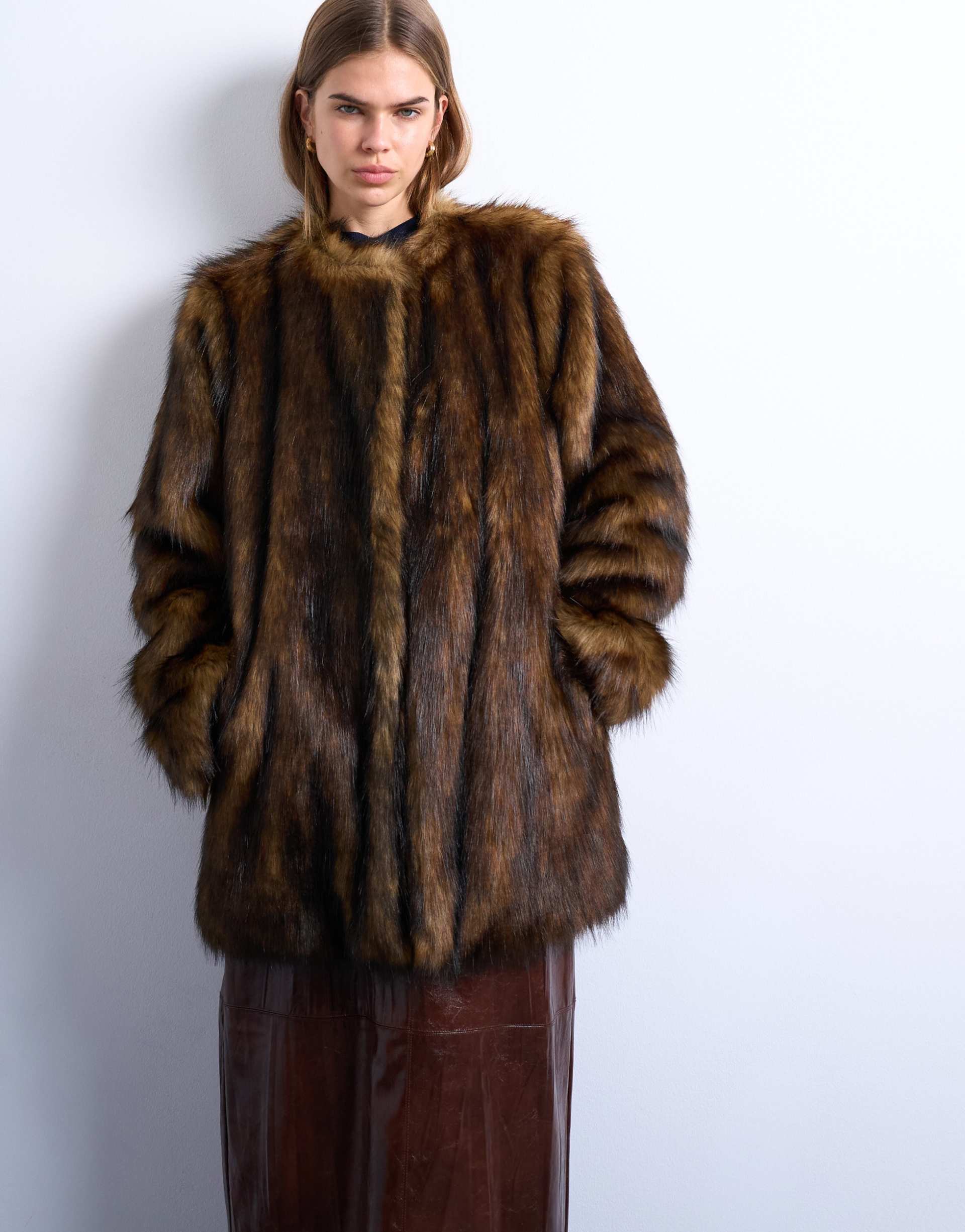 Topshop, Faux Fur Collarless Mid Length Coat