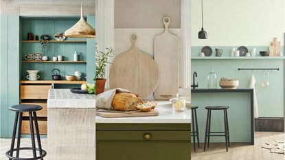 Three images of kitchens with blue and green color schemes, one showing cutting boards with bread