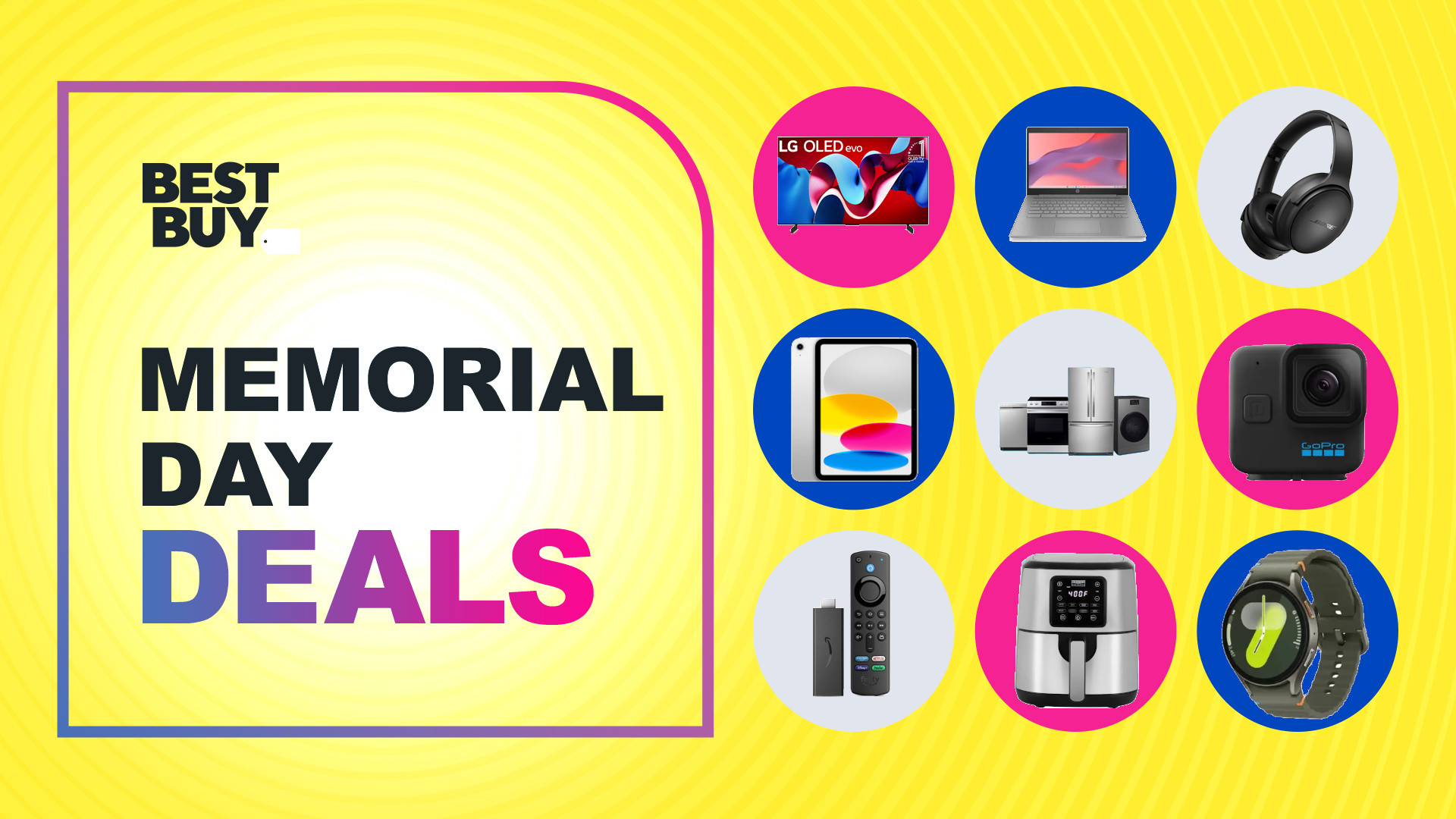 Collage of tech on offer in the Best Buy Memorial Day sale, including TVs, laptops, headphones, appliances, tablets, cameras, and smartwatches.