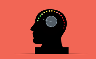 The silhouette of a human head with a dial turned to high indicating brain power. 