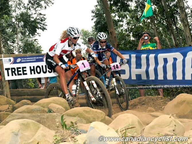 Jolanda Neff makes the race-winning move to pass and then drop Pauline Ferrand-Prevot in the Treehouse rock garden